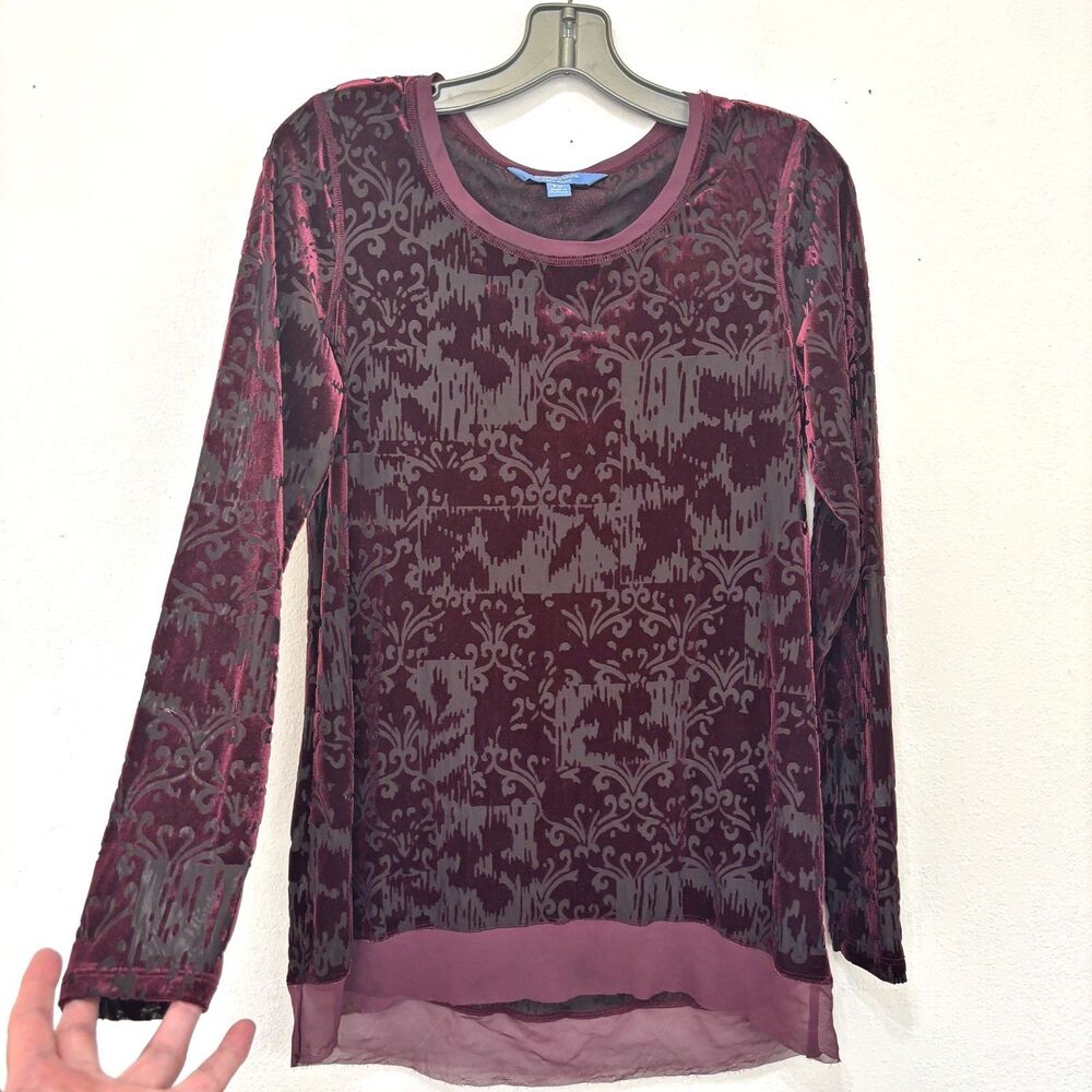 Womens Velvet Burnout Whimsigoth Top PM Semi Sheer Burgundy Fairy Grunge